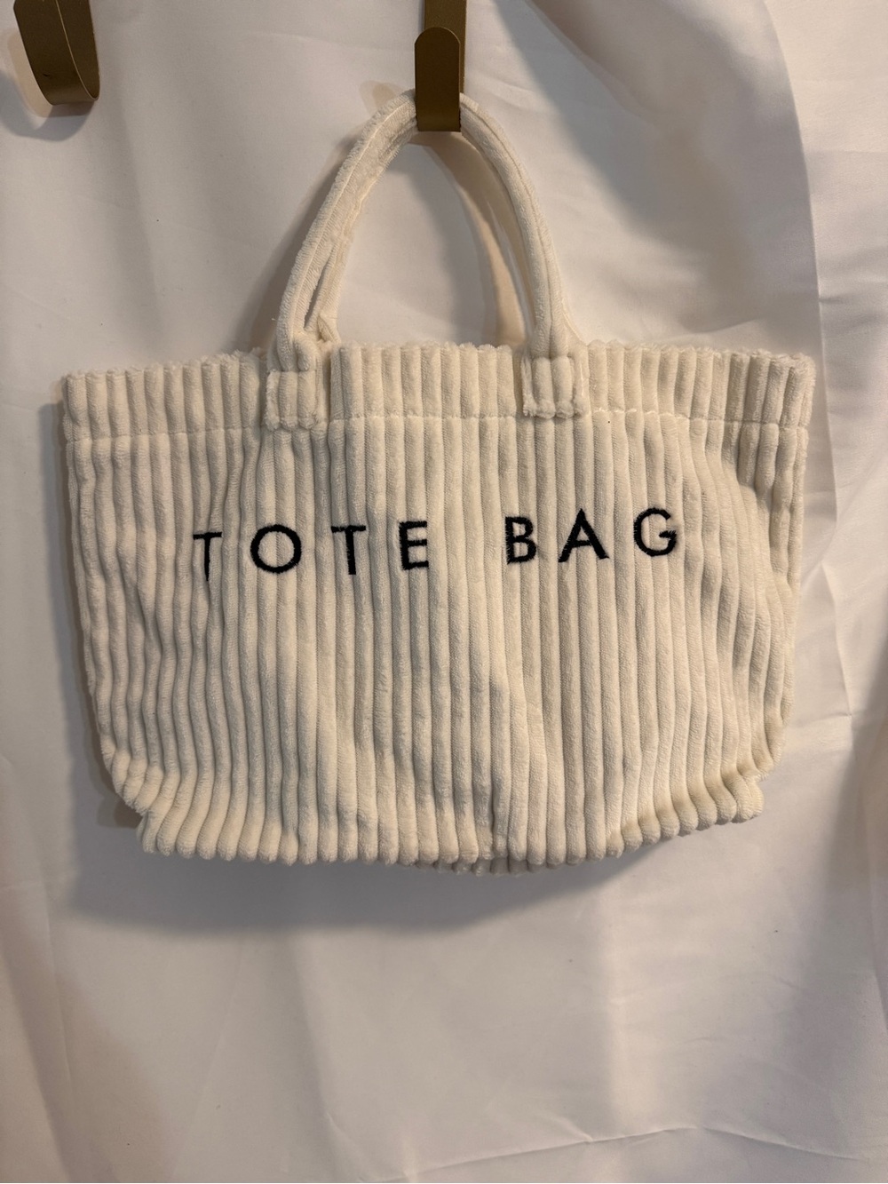 Cream Ribbed Tote Bag with Black 'TOTE BAG' Embroidery
